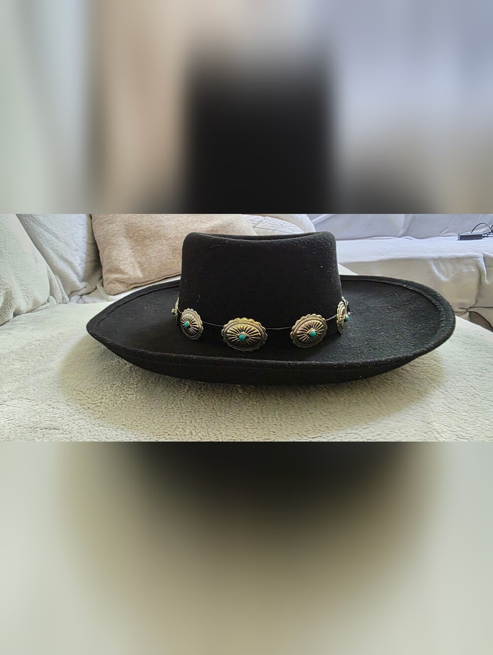 Fiesta, Black Felt Hat with Turquoise Accent Conchos Hat Belt